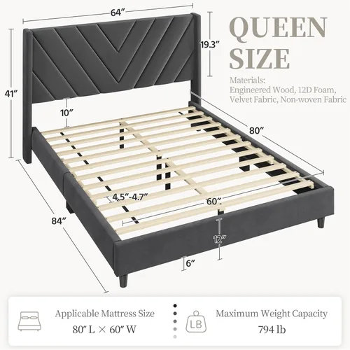 Miniatura 2 de Yaheetech Base de cama tamaño Queen con plataforma tapizada con lados en forma de ala/soporte de listones de madera/cabecera copetada con lado