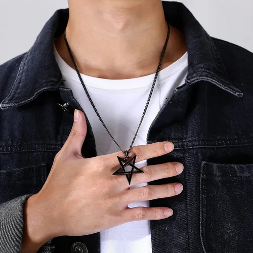 Miniatura 4 de TempBeau Collar con colgante de pentagrama satánico Baphomet Cadena de eslabones de pentáculo invertida hecha a mano, iglesia satanista, punk