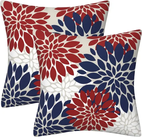 Miniatura 9 de Juego de 2 fundas de almohada decorativas de dalia azul marino, rojo, gris, dalia floral, para interiores y exteriores, funda de almohada