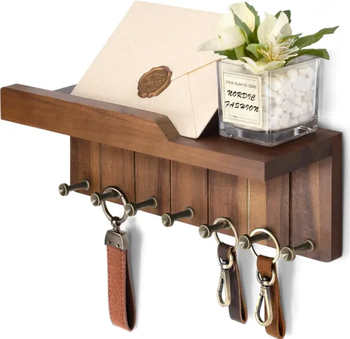 Rebee Vision Soporte de Pared para Llaves Estilo Granja - Organizador de Correo Decorativo con 7 Ganchos para Llaves y Estante de Pared - Decoración