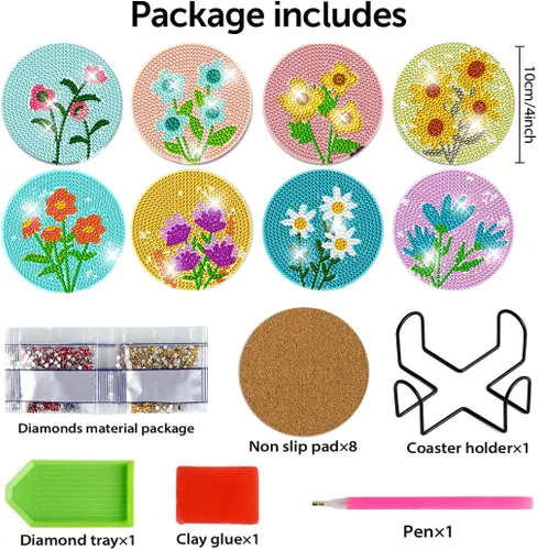 Miniatura 2 de DOTZSO Juego de 8 posavasos de arte de diamante con soporte, kits de arte de diamantes para adultos principiantes, pequeños posavasos de pintura