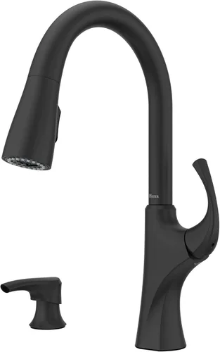 Miniatura 12 de Grifo de cocina Pfister Miri con rociador extraíble y dispensador de jabón, manija única, arco alto, acabado de acero inoxidable Spot Defense, Spot