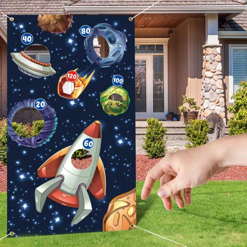 Miniatura 5 de Cartel de juegos de lanzamiento del espacio exterior, telón de fondo para interiores o exteriores, temática de galaxia, suministros de decoración