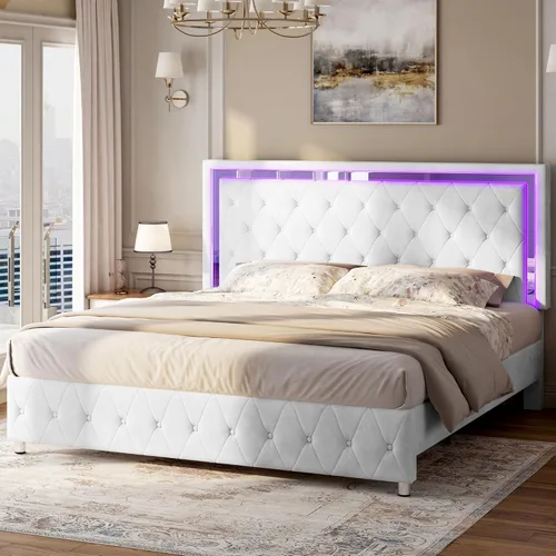 Miniatura 10 de Jocisland Base de cama matrimonial con cabecero y estribo de luces LED, tapizado de terciopelo, plataforma de tamaño matrimonial, no necesita Crema