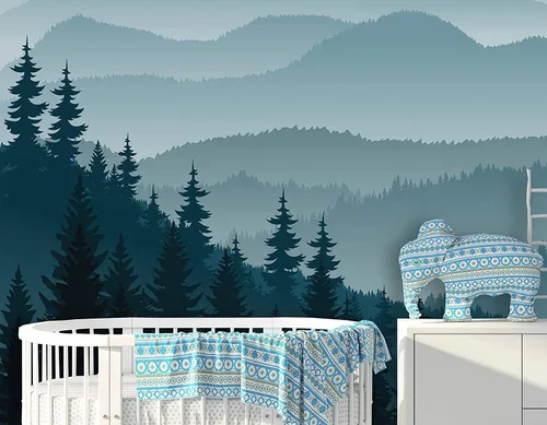 Miniatura 3 de Papel tapiz removible para despegar y pegar, mural de pared autoadhesivo, mural de montaña 3D, papel tapiz para guardería, pinos de montaña azul