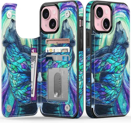 Miniatura 26 de FUNMIKO Funda tipo cartera para iPhone 13 con tarjetero, bloqueo RFID, protección de grado militar y obras de arte impresas con rayos UV, cierre