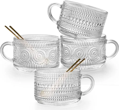Juego de 4 tazas de café de vidrio vintage, tazas de café de vidrio en relieve de 14 onzas para cereales, yogur, latte, tazas de desayuno