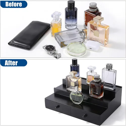 Miniatura 6 de Organizador de colonia Boulphia para hombre, soporte de colonia de 3 niveles con cajón y compartimento oculto, estante de madera para exhibidor
