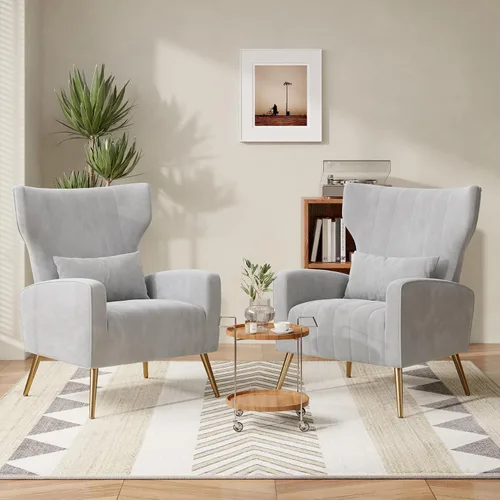 Miniatura 11 de Nebuaegis Silla decorativa de terciopelo con respaldo alado para sala de estar, sillón de respaldo alto con patas doradas, almohada lumbar, sofá