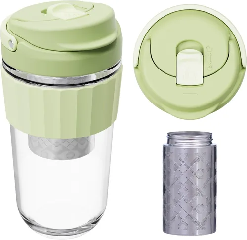 Taza de café de vidrio a prueba de fugas con tapa de bloqueo, taza de café reutilizable de 17 onzas con filtro de acero inoxidable, infusor de té y