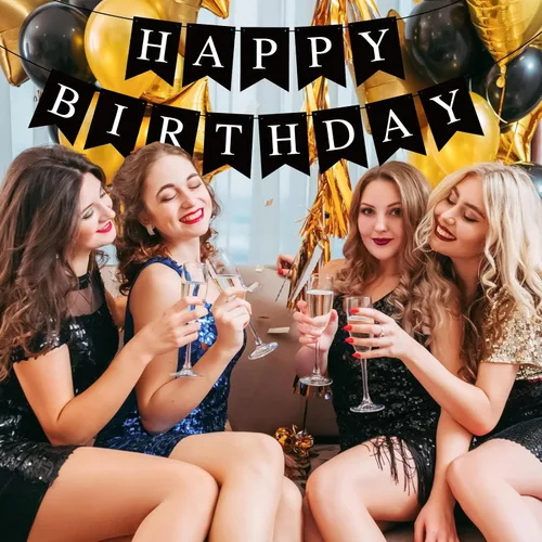 Miniatura 4 de Cartel negro de feliz cumpleaños, decoración de fiesta de cumpleaños negro para hombres y mujeres, suministros de fiesta de baby shower, bandera