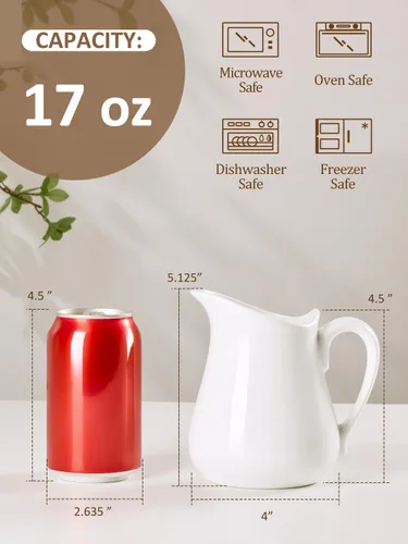 Miniatura 2 de Jarra de crema de leche de porcelana de 17 onzas con asa, crema blanca, apta para microondas y congelador