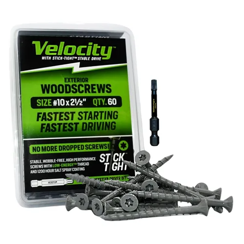 Miniatura 20 de Velocity - Tornillos para madera exteriores 1 1/2 y puntas Torx T20 (talla #8), tecnología adherente, fabricado con acero al carbono, incluye broca