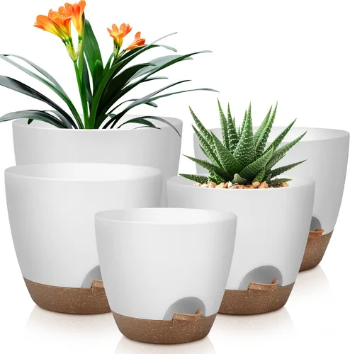 Miniatura 7 de QRRICA Macetas para Plantas de 8/7/6.5/6/5.5/5 Pulgadas con Autoriego, Juego de 6 Macetas de Plástico con Agujeros de Drenaje y Platillos, Macetas