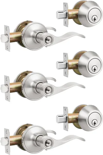 Juego de 3 Palancas de Puerta con Llave Igual con Pestillo de Cilindro Único, Palanca de Puerta con Pestillo Reversible Estilo Onda Níquel Satinado,