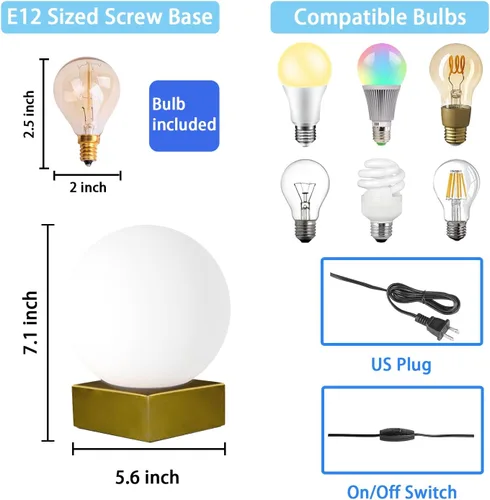 Miniatura 2 de FLORNIA Lámpara de mesa con forma de globo, moderna lámpara de mesa redonda industrial, lámpara de mesa de noche única con pantalla de vidrio y base