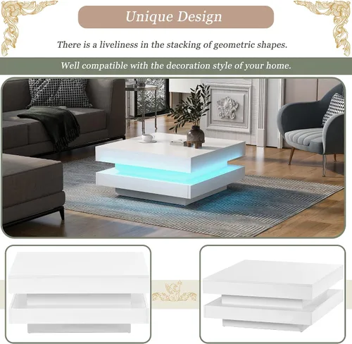 Miniatura 3 de Merax Mesa de centro cuadrada con luz LED de 31.5 x 31.5 pulgadas, mesa de cóctel cuadrada de 2 niveles con luces LED y almacenamiento de doble capa