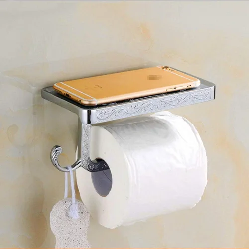 Miniatura 5 de Soporte de papel higiénico con estante para teléfono y gancho, estilo vintage, accesorios de baño reversibles (acabado cromado)