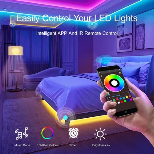 Miniatura 6 de Luces LED de 100 pies para dormitorio, con control remoto infrarrojo de 44 teclas y aplicación Bluetooth, tiras de luces LED inteligentes, tira