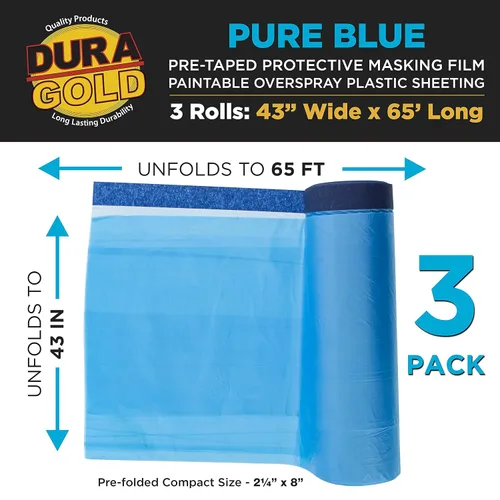 Miniatura 2 de Dura-Gold Película de enmascaramiento precintada azul puro de 43 x 65 pies, paquete de 3 rollos de plástico para pintores (0.4 mil), hoja de caída