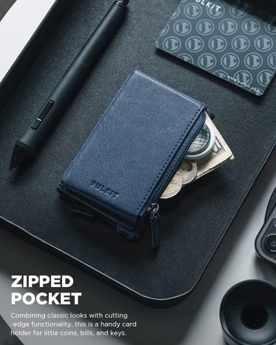 Miniatura 3 de VULKIT Tarjetero de crédito con bolsillo de cuero con cremallera desplegable con bloqueo RFID, funda de metal delgada, marino