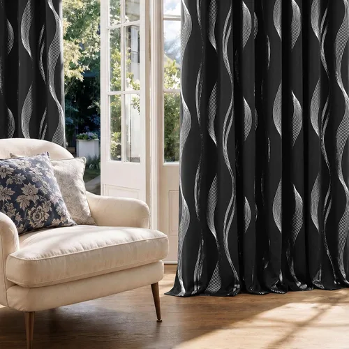 Miniatura 2 de Deconovo Paneles de cortina opacas con patrón de ondas plateadas, cortinas para sala de estar, ojales blancos, juego de 2 paneles, 52 pulgadas