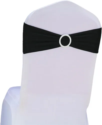 Miniatura 9 de Paquete de 50 bandas negras de elastano para sillas de boda, lazos con hebillas para fiestas, cumpleaños, fiestas, banquetes de jubilación