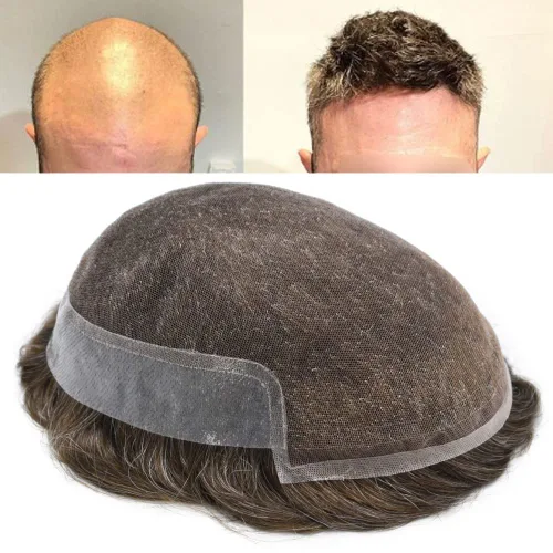 Miniatura 28 de Sistema de repuesto de cabello humano europeo con encaje frontal suizo para hombre, tupé para hombre, pieza de cabello, nudo blanqueado, línea #17