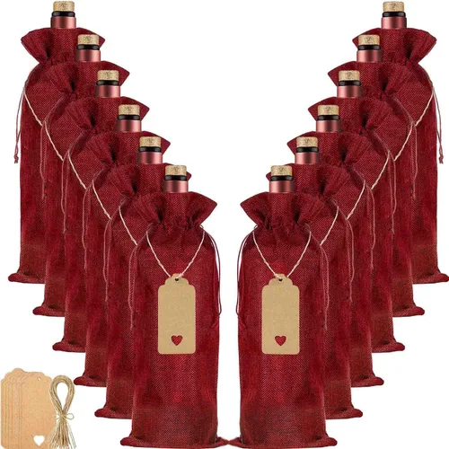 Homum 12 bolsas de arpillera de vino de alta calidad, bolsas reutilizables para botellas de vino para bodas, fiestas, catas a ciegas, Navidad, Rojo