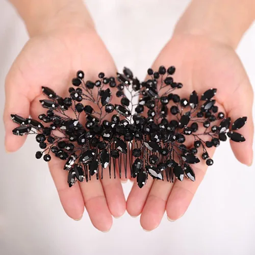 Jumwrit Diadema hecha a mano con diamantes de imitación y cuentas para el pelo y accesorio de boda para mujeres y niñas (negro)