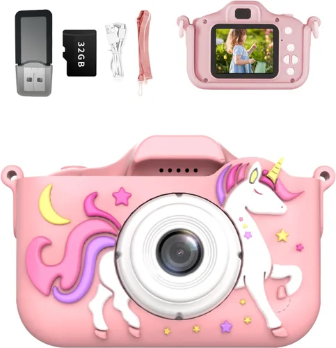 Miniatura 8 de Cámara para niños, con pantalla LCD de 2.0 pulgadas, tarjeta de memoria de 32 GB, cámara de juguete de dinosaurio para niños y niñas
