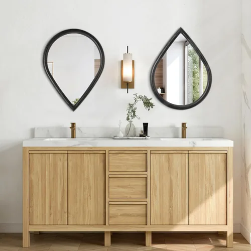 Miniatura 6 de Espejo con marco de madera, espejo de pared con forma de lágrima negra, espejo de pared rústico decorativo irregular para baño, sala de estar