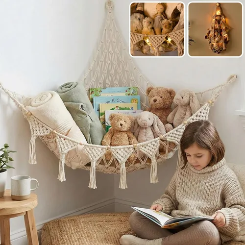 Miniatura 12 de TIDYTEDS Macramé DreamLights Hamaca de Red de Almacenamiento de Animales de Peluche Boho Extra Grande Soporte de Almacenamiento de Juguetes de Azul