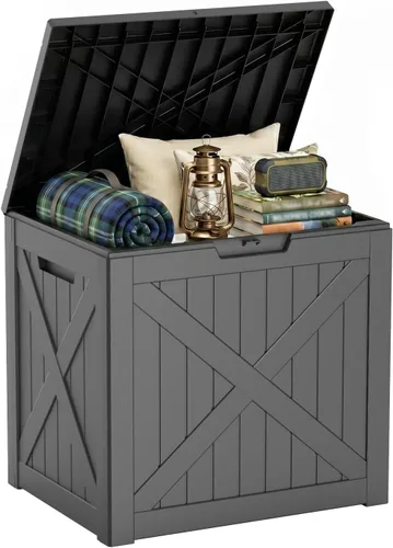 Miniatura 19 de Caja de cubierta para exteriores de 120 galones, cajas de almacenamiento impermeables con cerradura para herramientas de jardín, cojines de Gris