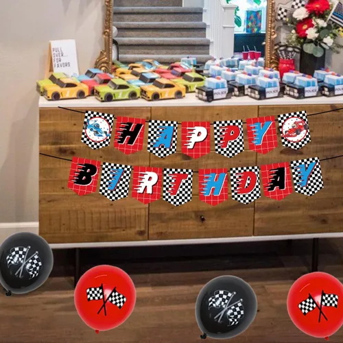 Miniatura 5 de Sursurprise Suministros para fiesta de 2º cumpleaños de coche de carreras, dos globos rápidos, decoración de pastel, pancarta de feliz cumpleaños