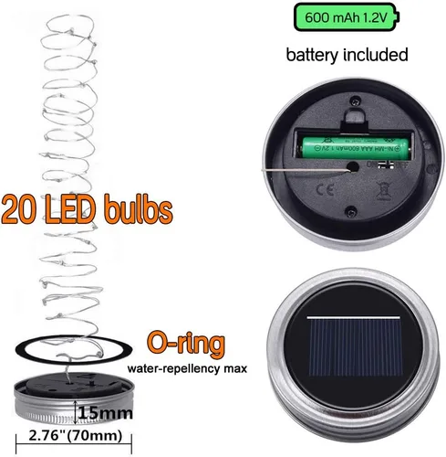 Miniatura 3 de SunKite Luces solares para tarros de masón [actualizadas], paquete de 8 20 luces LED impermeables para tarros de luciérnaga con ganchos