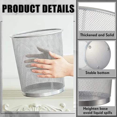 Miniatura 3 de Zeyune Paquete de 6 cubos de basura plateados de malla a granel de 4 galones de malla de alambre de metal, cesta de papel de desecho, redondo