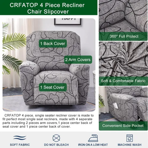 Miniatura 4 de CRFATOP Funda para sillón reclinable con estampado floral con bolsillos, funda única para sillón reclinable, 4 piezas, funda para sillón reclinable