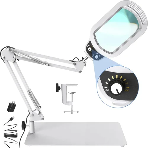 Miniatura 9 de Lupa rectangular 10X con luz y soporte, lupa iluminada de cristal real, manos libres, perilla mecánica, 5 modos de color, regulable sin escalones