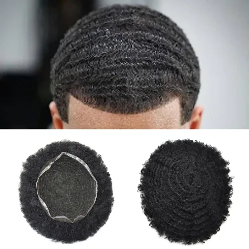 Miniatura 42 de Pelucas afro rizadas para hombre, con encaje francés, de 10 x 8 pulgadas, completamente transparente, de repuesto, sistema de cabello humano rizado