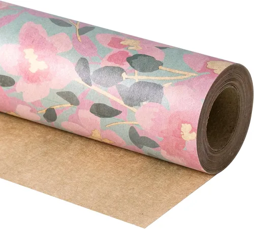 RUSPEPA Rollo de papel de regalo floral para mujer, mini rollo, flor rosa con papel kraft de follaje, papel de regalo vintage gris para cumpleaños,