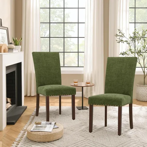 Miniatura 7 de Juego de 2 sillas de comedor Parsons, sillas tapizadas con cabeza de clavo para comedor y cocina con cojines gruesos y patas de madera, verde
