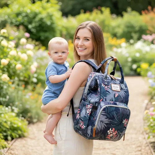 Miniatura 2 de Mochila floral para pañales con puerto de carga USB, correas para cochecito y bolsillo aislado, mochila de viaje para mujeres/madres