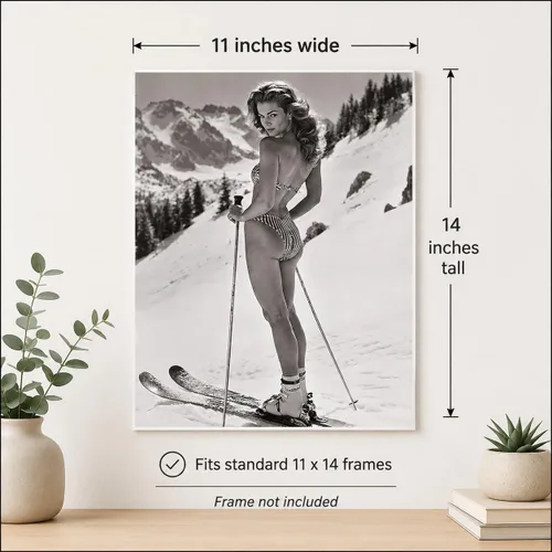 Miniatura 5 de Warning Curves Ahead - Póster retro de esquí de 11 x 14 pulgadas sin marco, póster de esquí vintage en blanco y negro, modelo de esquí de mujer