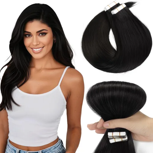 Miniatura 12 de Loxxy Extensiones adhesivas de cabello humano de 12 pulgadas, extensiones de cabello humano real color negro azabache, con cinta adhesiva de trama