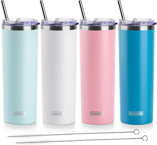 Miniatura 13 de Koodee - Vaso delgado de acero inoxidable de 20 onzas (4 unidades) aislado con doble pared, vaso de agua con 4 tapas, 4 popotes y 2 cepillos