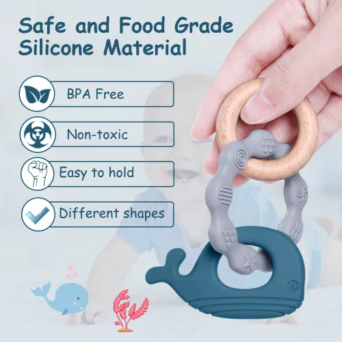 Miniatura 5 de Vicloon Juguetes mordedores para bebés, anillo de silicona y madera natural, juguetes de dentición para bebés de más de 3 meses, anillos masticables