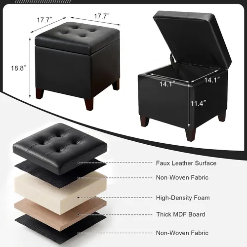 Miniatura 3 de Homebeez Taburete otomano de almacenamiento de piel sintética con tapa abatible (negro)