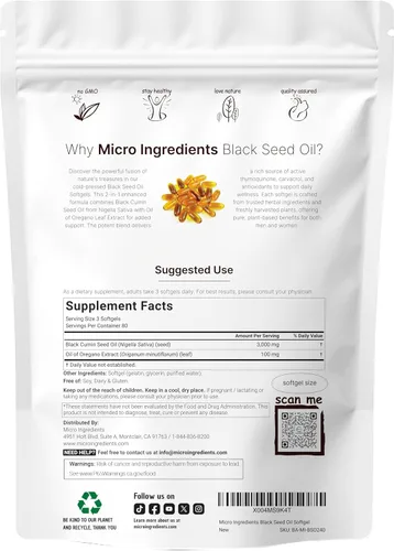 Miniatura 2 de Micro Ingredients Cápsulas blandas de aceite de semilla negra, 3,000 mg, 240 unidades Fórmula 2 en 1 con aceite de orégano, carvacrol
