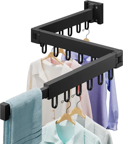 Miniatura 8 de Abiglifty Tendedero para ropa montado en la pared, plegable, retráctil y plegable con 18 ganchos para uso en interiores y exteriores en lavandería